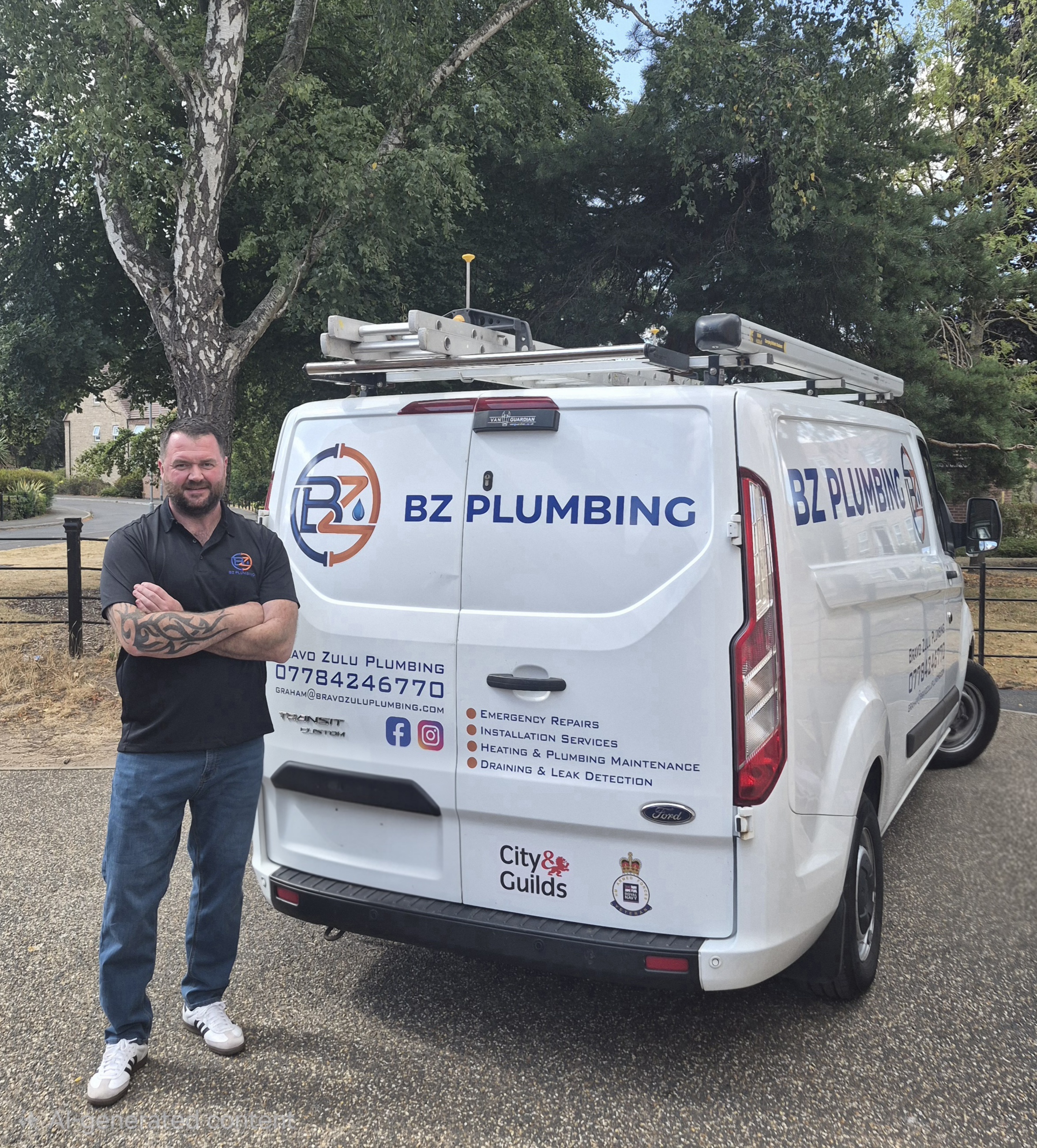 Graham, founder of BZ Plumbing, standing beside the BZ Plumbing van